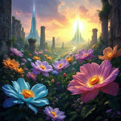 The primary subject of the image is a field of flowers, with a variety of different colored flowers blooming in the garden. The setting is a beautiful landscape with a sunset in the background, creating a serene and picturesque atmosphere. The visual style of the image is a digital art or illustration, showcasing the artist's creativity and attention to detail. The colors and mood of the image are vibrant and lively, with the flowers and sunset providing a sense of warmth and natural beauty.